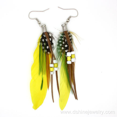 Cheap Bohemian Ethnic Feather Earrings Beaded Hook Earrings